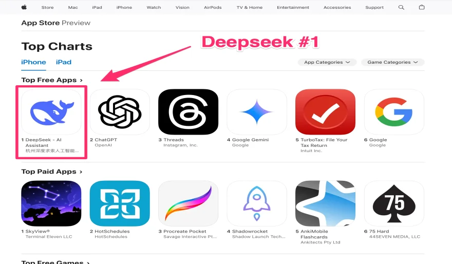 DeepSeek Climbs to Top Spot on US App Store